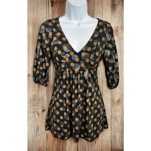 Vintage Y2K Daytrip Blouse Sz S Polka Dot Tunic Top V-Neck 3/4 Sleeves Waist Tie